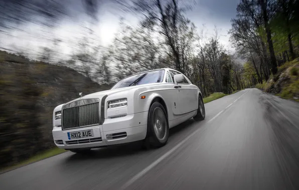 Дорога, Белый, Phantom, Решетка, Фары, Rolls Royce, Купэ, В Движении