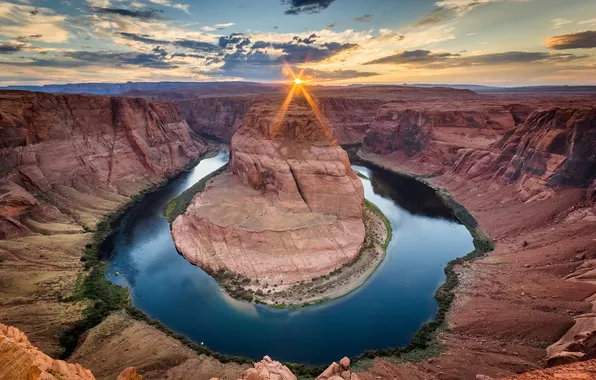 Картинка небо, солнце, облака, лучи, река, Колорадо, каньон, Аризона