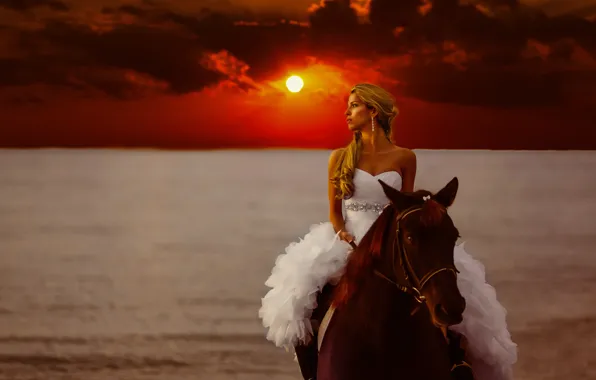 Картинка море, девушка, закат, стиль, настроение, конь, лошадь, платье