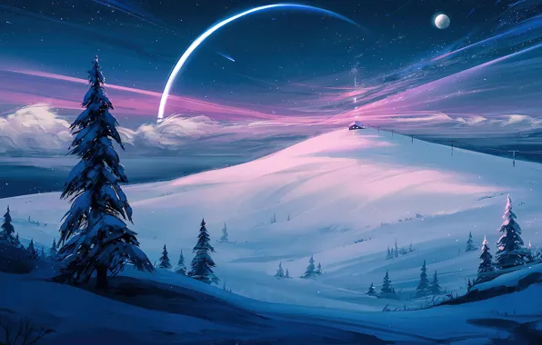 Moon, snow, evening, digital art