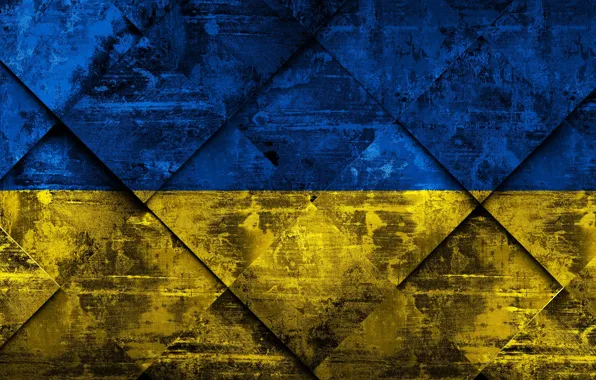 Europe, Ukraine, Flag, National Symbols, Grunge Art, Rhombus Grunge Texture, Flag Of Ukraine, Ukrainian Flag