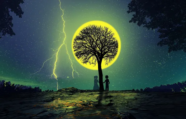Ночь, дерево, луна, романтика, силуэты