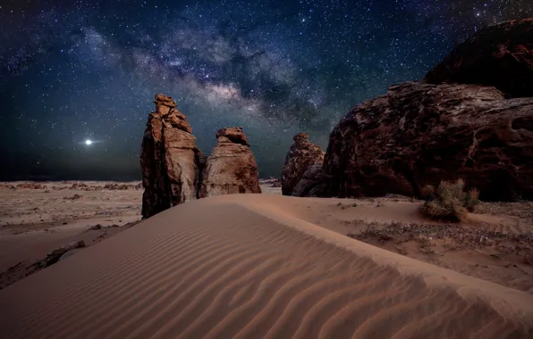 Картинка песок, звезды, камни, пустыня, Млечный путь