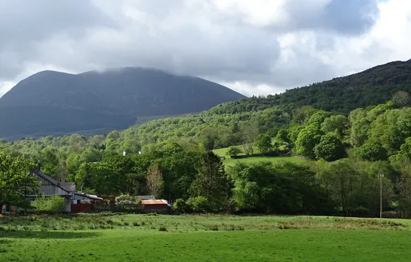 Картинка Зелень, Небо, Природа, Поле, Горы, Туман, Панорама, Nature