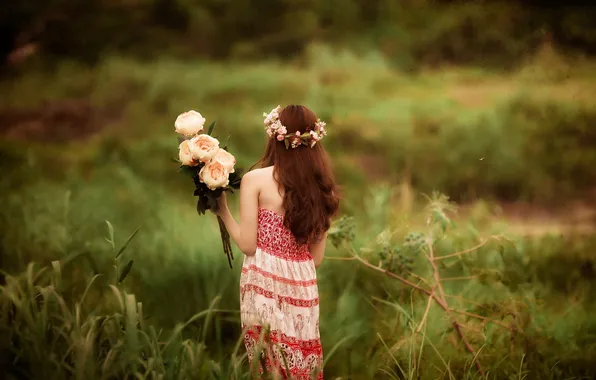 Картинка поле, девушка, цветы