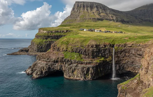 Картинка фото, Природа, Водопад, Скала, Дания, Залив, Побережье, Faroe Islands