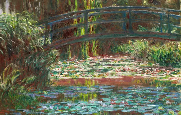 Картинка пейзаж, пруд, картина, сад, Клод Моне, Японский Мостик