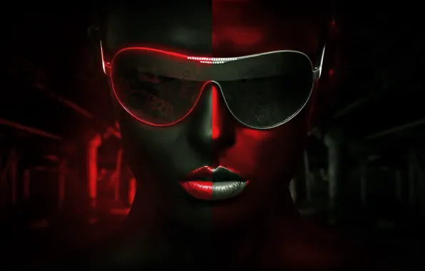 Картинка девушка, очки, legacy, BossLogic, красно-серый фон