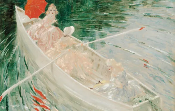 Картинка весла, красный зонтик, Louis Icart, В лодке