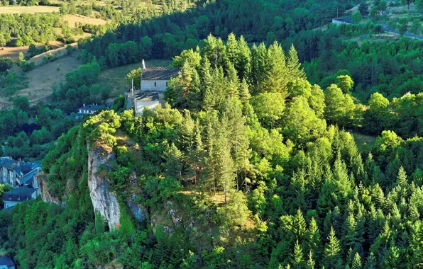 Город, Франция, гора, храм, Meyrueis, Le Rocher de Meyrueis, Notre Dame du Rocher
