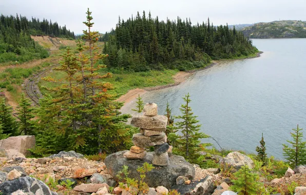 Картинка небо, деревья, горы, озеро, камни, ель