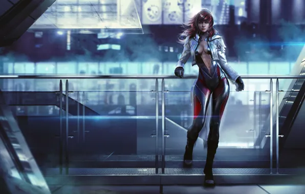 Cleavage, bodysuit, blue, science fiction, women, wind, fantasy art, thighs