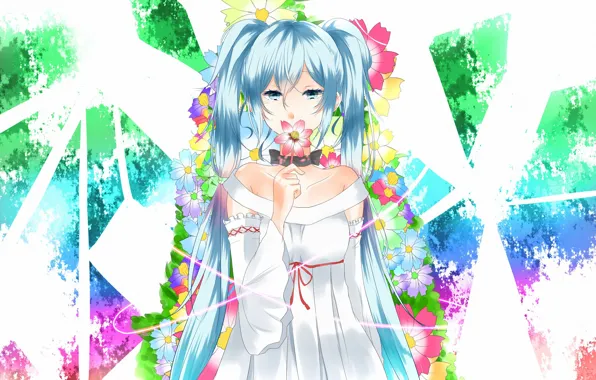 Цветок, девушка, платье, лента, Аниме, голубые глаза, vocaloid, длинные волосы