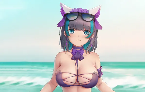 Girl, sexy, cleavage, beach, sea, boobs, anime, beautiful