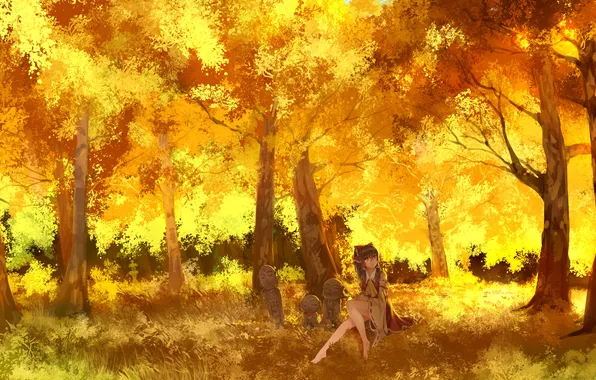 Картинка осень, трава, взгляд, девушка, деревья, листва, платье, бант