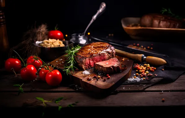 Темный фон, стол, еда, мясо, натюрморт, помидоры, жареное, ИИ-арт
