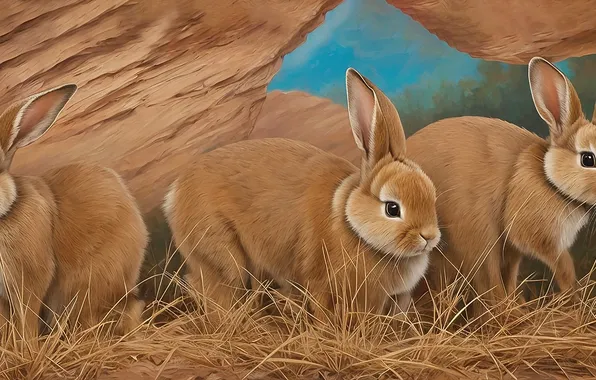 Взгляд, поза, кролик, кролики, зайцы, солома, живопись, зайчик