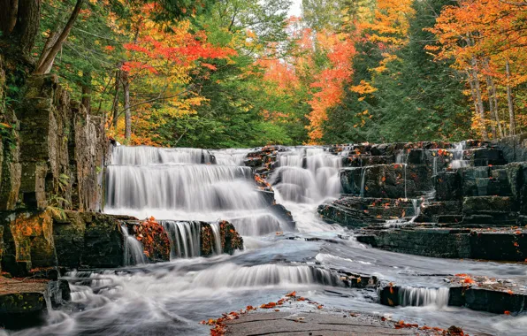 Картинка осень, лес, река, Мичиган, водопады, каскад, Michigan, Водопады Кварцит