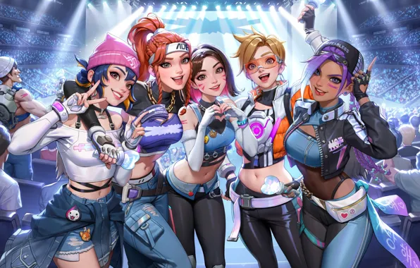 Blizzard Entertainment, Overwatch, group of women, video game art, Tracer (Overwatch), Sombra (Overwatch), Brigitte (Overwatch), …