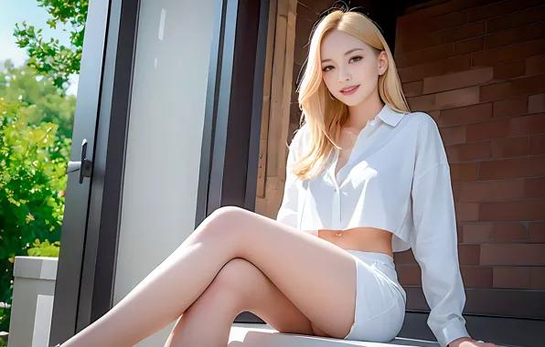Картинка Asian, panties, long hair, legs, women, blonde, smiling, sitting