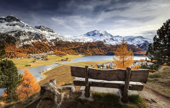 Картинка осень, горы, река, скамья