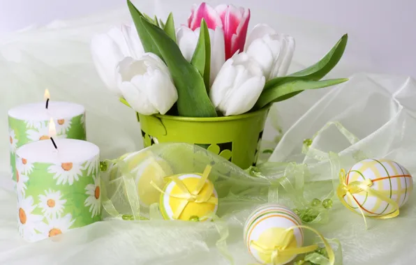 Картинка цветы, праздник, яйца, свечи, тюльпаны, пасхальный