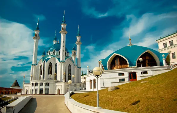Кремль, мечеть, Казань, синее небо, Татарстан, Кул-Шариф