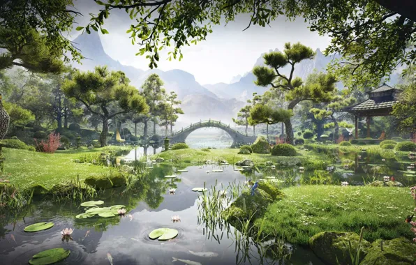 Горы, мост, река, растительность, Meditation Garden
