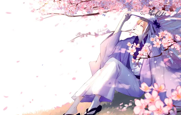 Ветер, сакура, маска, цветение, японская одежда, natsume yuujinchou, natsume takashi, тетрадь дружбы Нацумэ