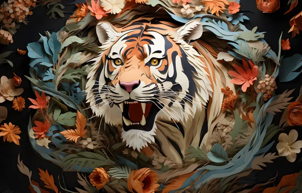 Картинка tiger, art, flowers, face, rendering, fiction