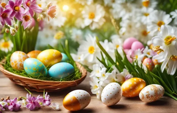 Картинка цветы, яйца, весна, colorful, Пасха, happy, flowers, spring