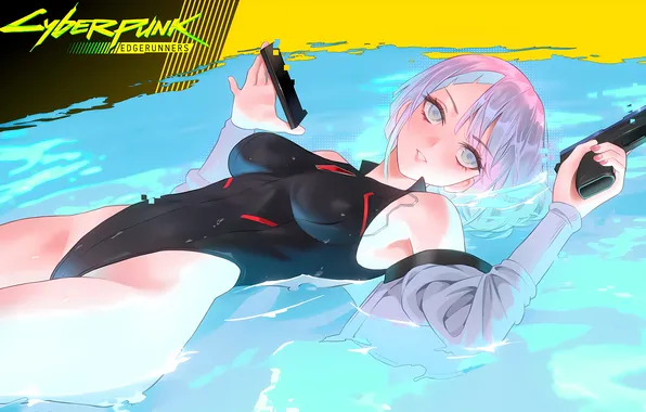 Girl, gun, pistol, sexy, pool, boobs, anime, water