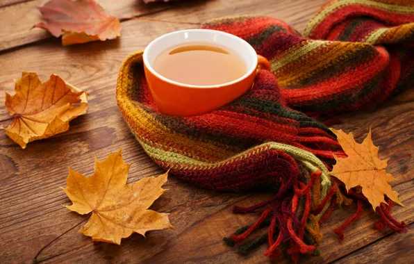 Картинка осень, чашка, клён, autumn, leaves, cup, tea, scarf