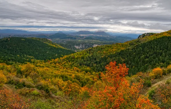 Осень, лес, небо, облака, горы