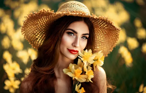 Взгляд, девушка, цветы, природа, лицо, поза, улыбка, стиль
