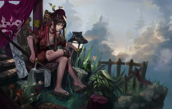 Девушка, Стиль, Girl, Меч, Арт, Art, Style, Катана