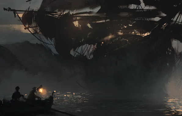 Море, лодка, корабль, art, ghost ship
