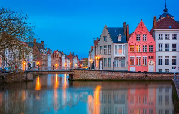 Картинка город, дома, вечер, канал, Бельгия, мостик, Брюгге