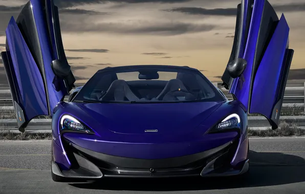 McLaren, двери, суперкар, вид спереди, Spider, 2019, 600LT, Lantana Purple