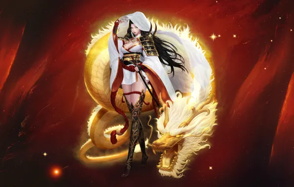 Девушка, Существо, Стиль, Girl, Fantasy, Dragon, Beautiful, Stars