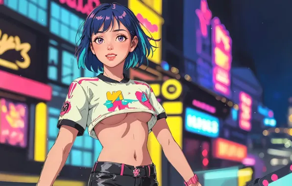 Картинка city, city lights, short hair, digital art, artwork, anime girls, no bra, underboob
