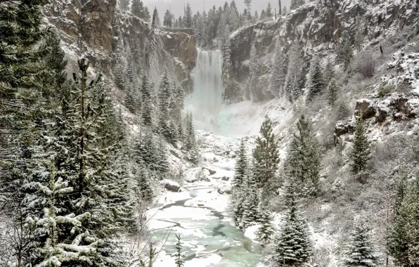 Картинка зима, лес, снег, природа, водопад
