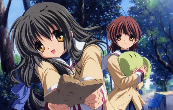 Парк, печенье, clannad, скамейки, школьная форма, art, подруги, kazumi ikeda