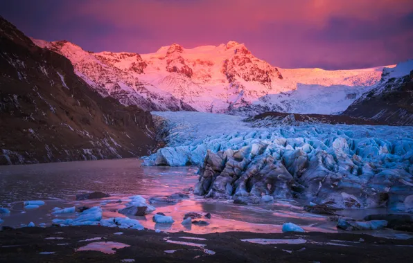 Закат, горы, ледник, Исландия