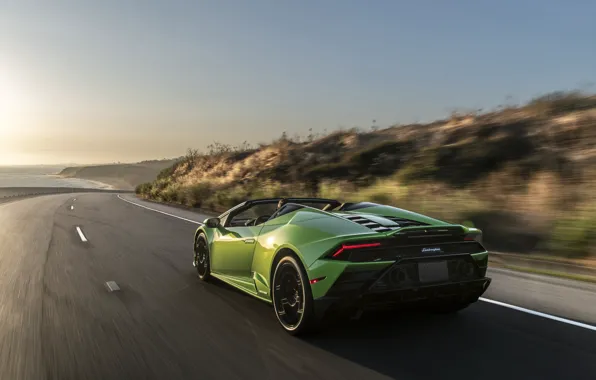 Закат, побережье, скорость, Lamborghini, Spyder, Evo, Huracan, 2019