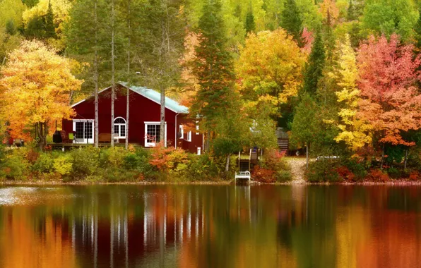 Картинка осень, деревья, озеро, дом, Канада, Canada, Quebec, Квебек