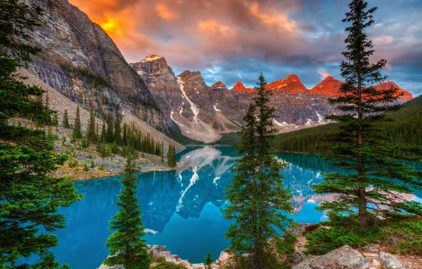 Картинка деревья, горы, озеро, отражение, Канада, Альберта, Banff National Park, Alberta