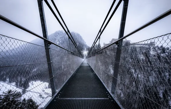Картинка зима, мост, туман
