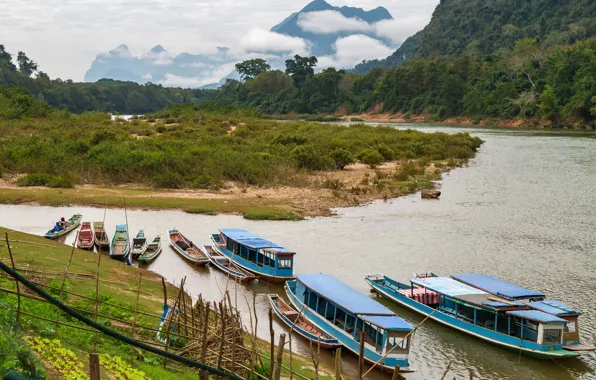 Лес, облака, деревья, горы, река, лодки, джунгли, Laos