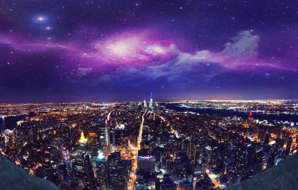 Картинка ночь, город, огни, Нью-Йорк, небоскребы, USA, США, New York